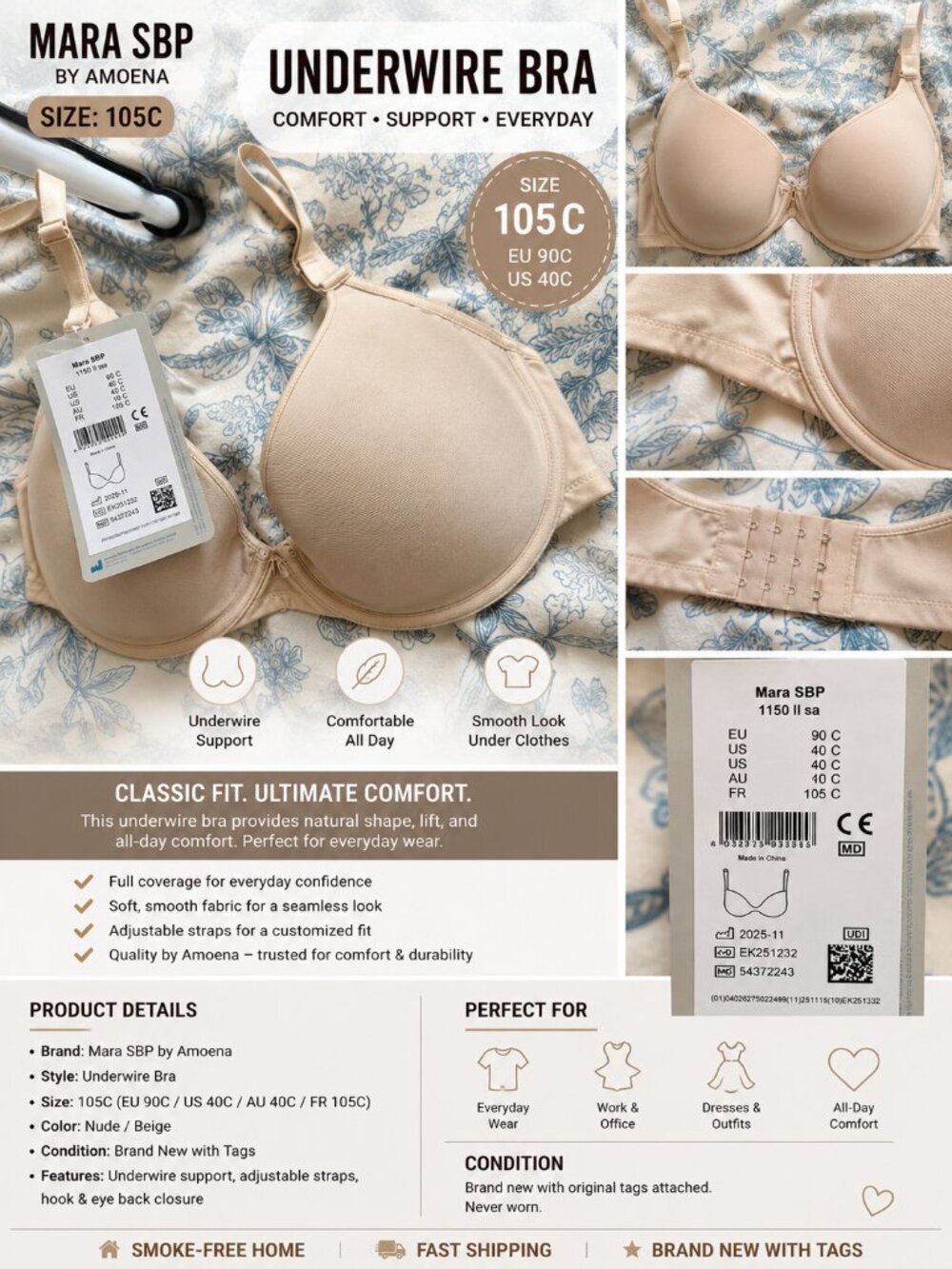 Amoena Mara SBP Underwire Bra Nude Beige 40C / 90C / 105C Full Coverage Comfort